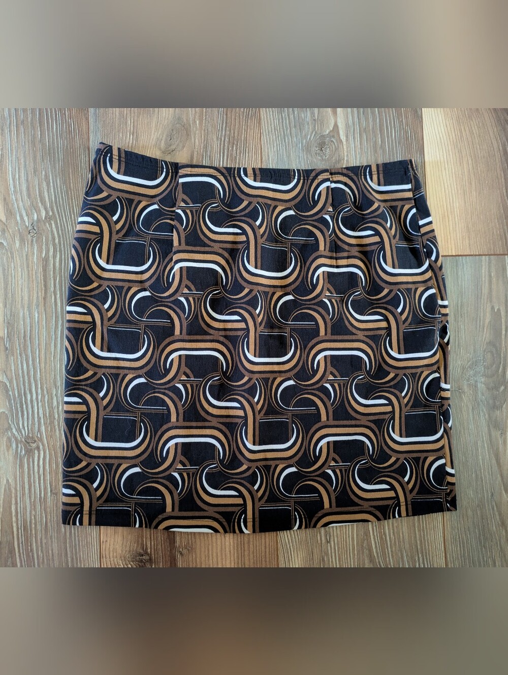 Rue21 Retro 70s Geometric Chain-Link Print Black & Brown Slit Mini Skirt Large